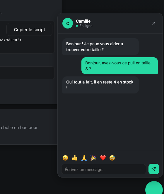 Widget de chat Wedt'chat ouvert avec une conversation en cours